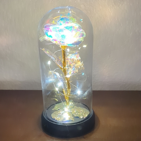 LED Light Up Iridescent Rose Of Love Gold Leaves Glass Dome 7" - Picture 1 of 9